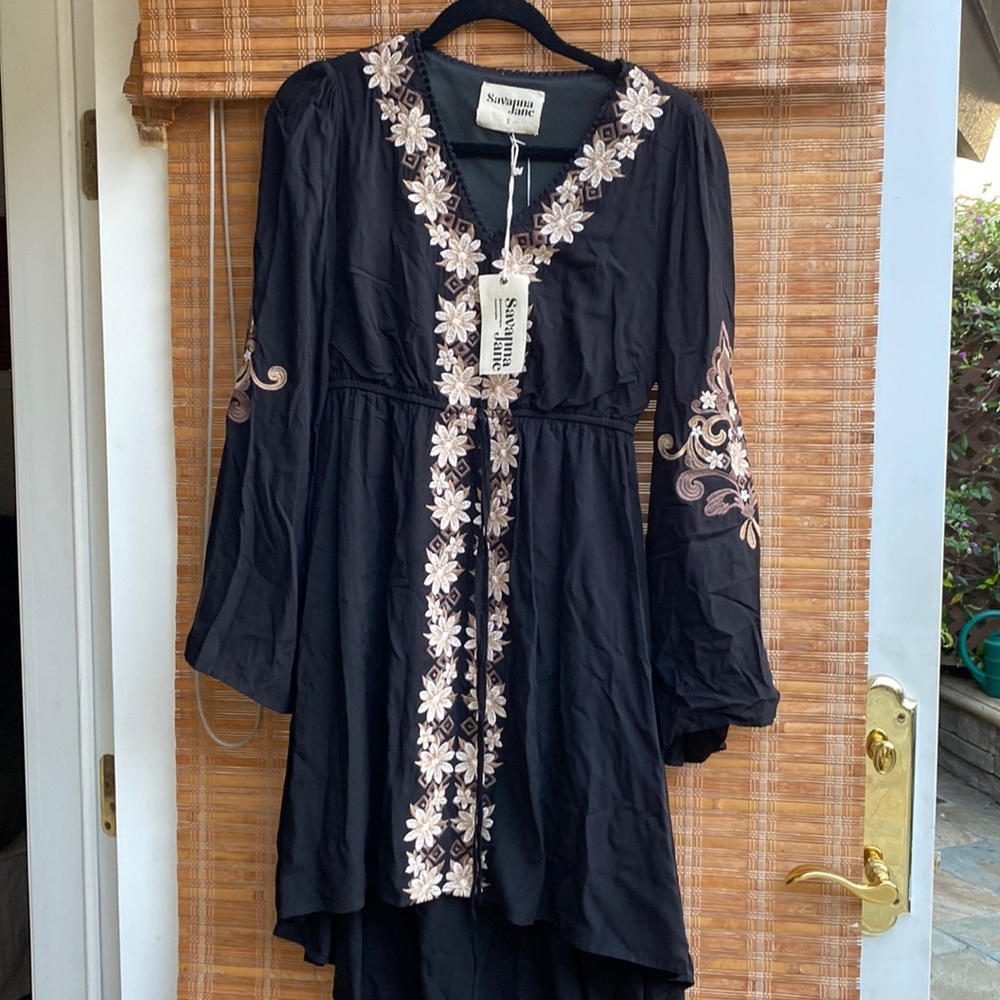 Savanna jane high low black dress w flower embellishment and bell sleeves nwt